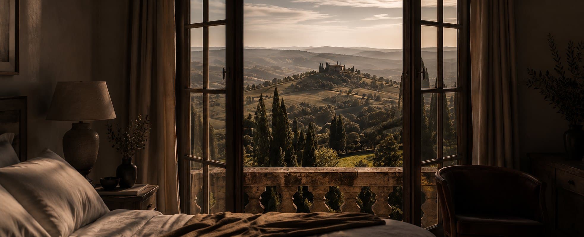A room opening onto the Tuscan hills at dusk