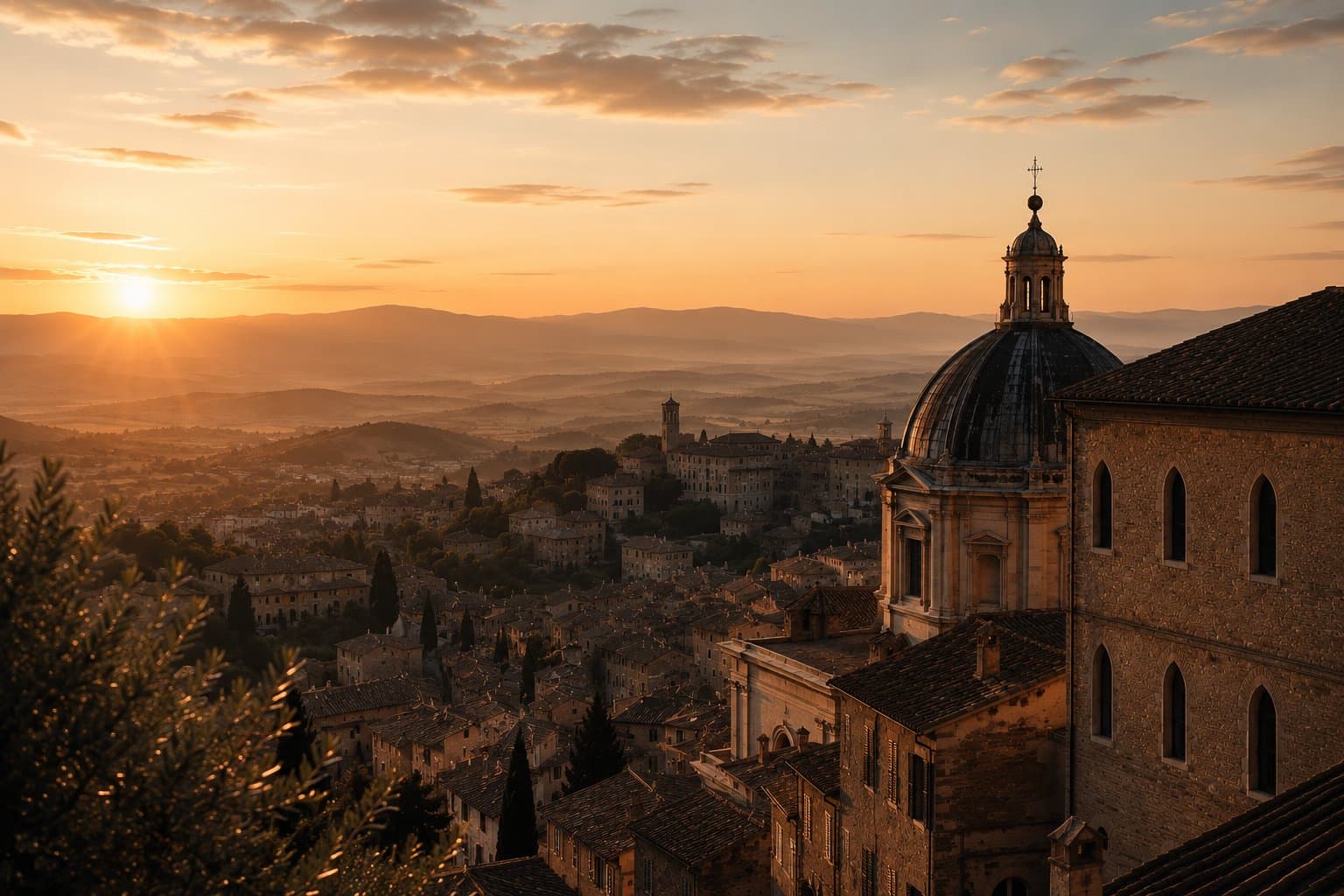 A Tuscan hill town at sunset