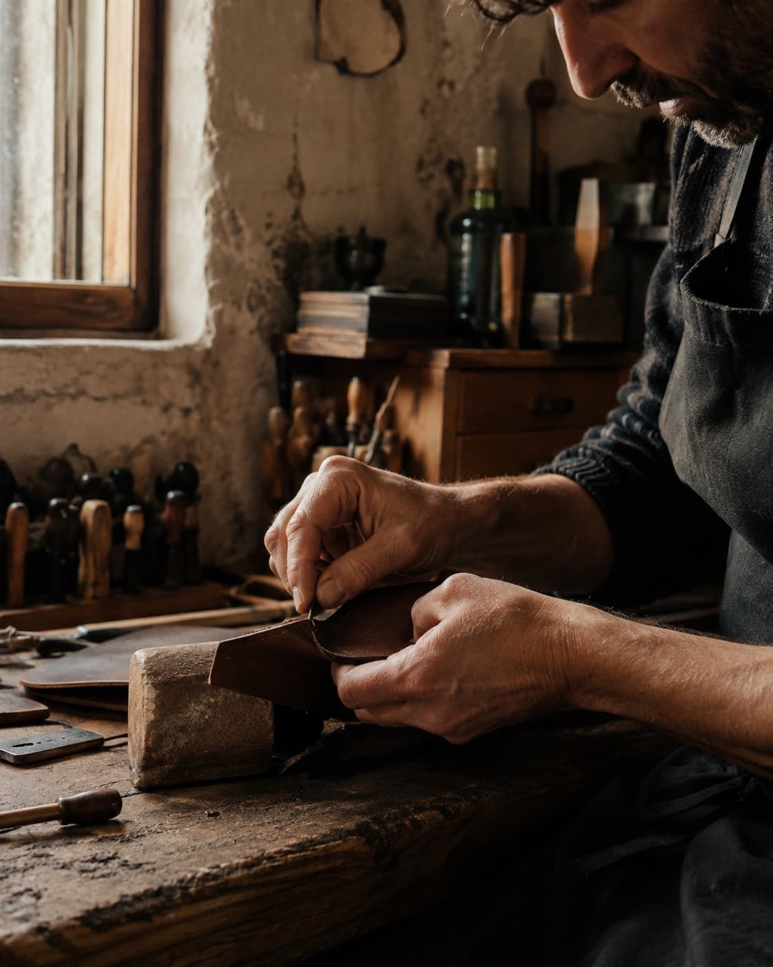 An artisan working by hand in a small workshop