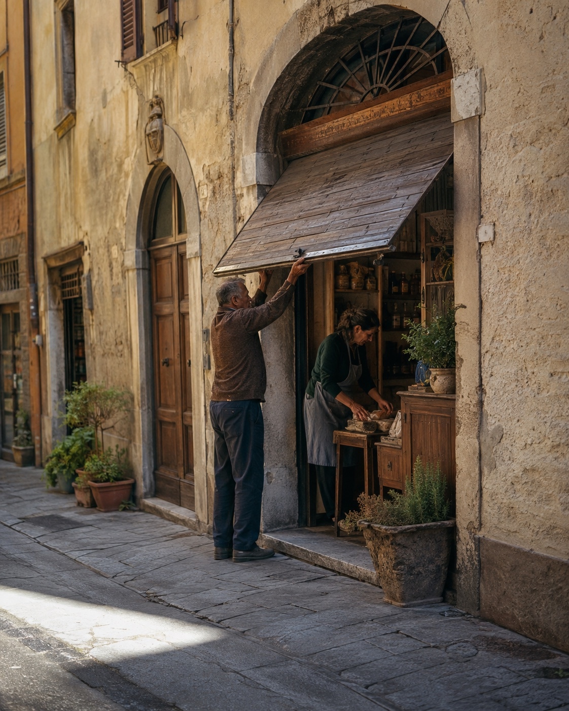 Two people opening a small family-run business on a historic Italian street.