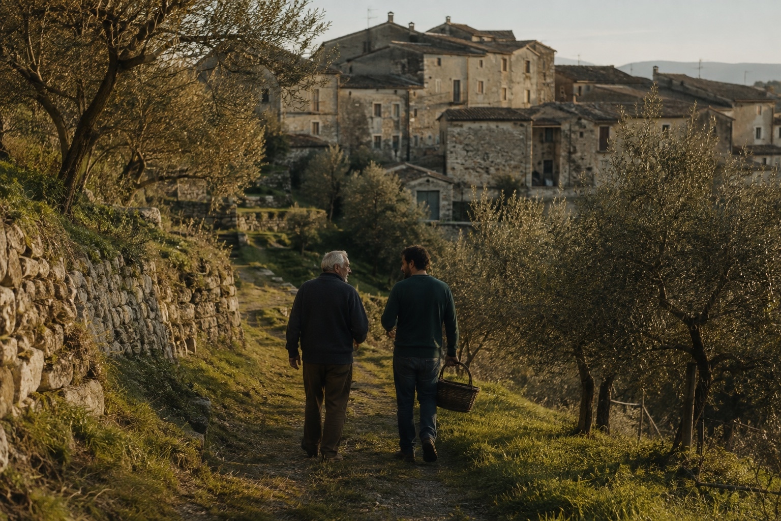 Two generations walking together through an olive grove below a stone village.