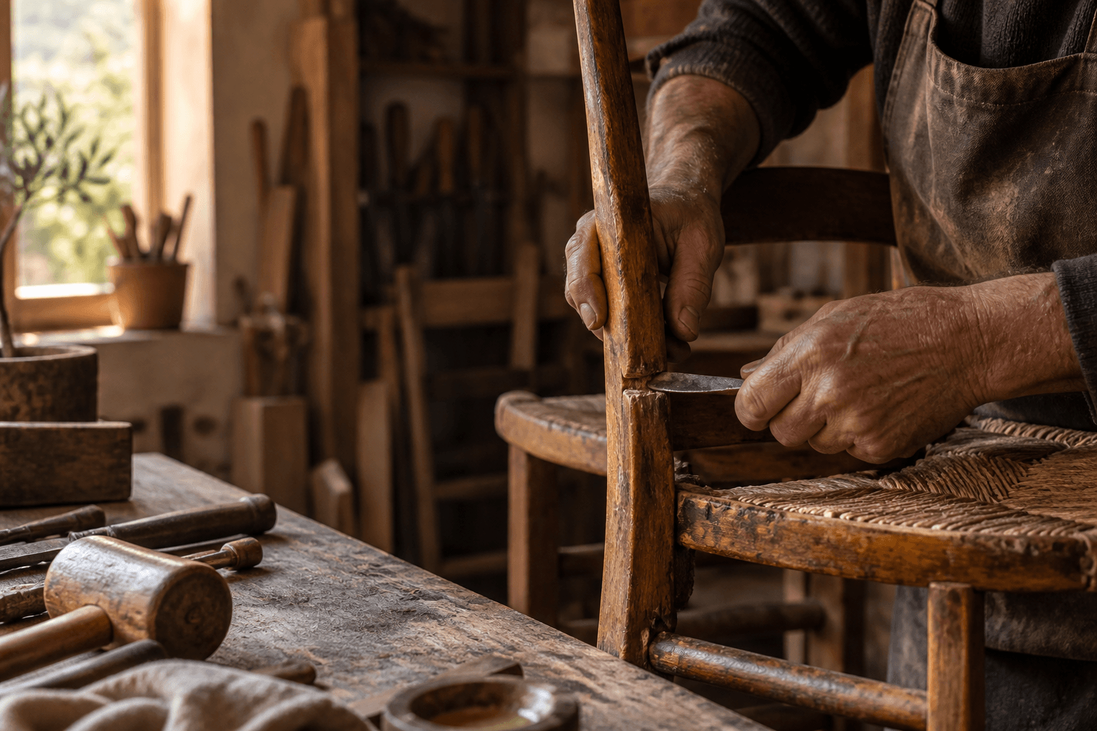 Hands repairing a wooden chair with a woven seat in a workshop.