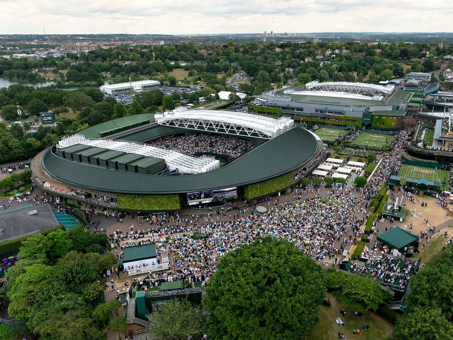 An aerial view of the Wimbledon grounds during The Championships.