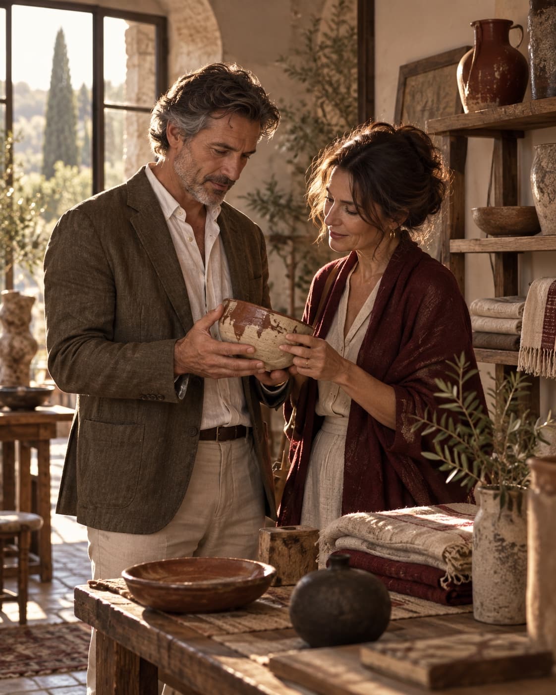 Two people choosing a handcrafted ceramic piece in an Italian atelier