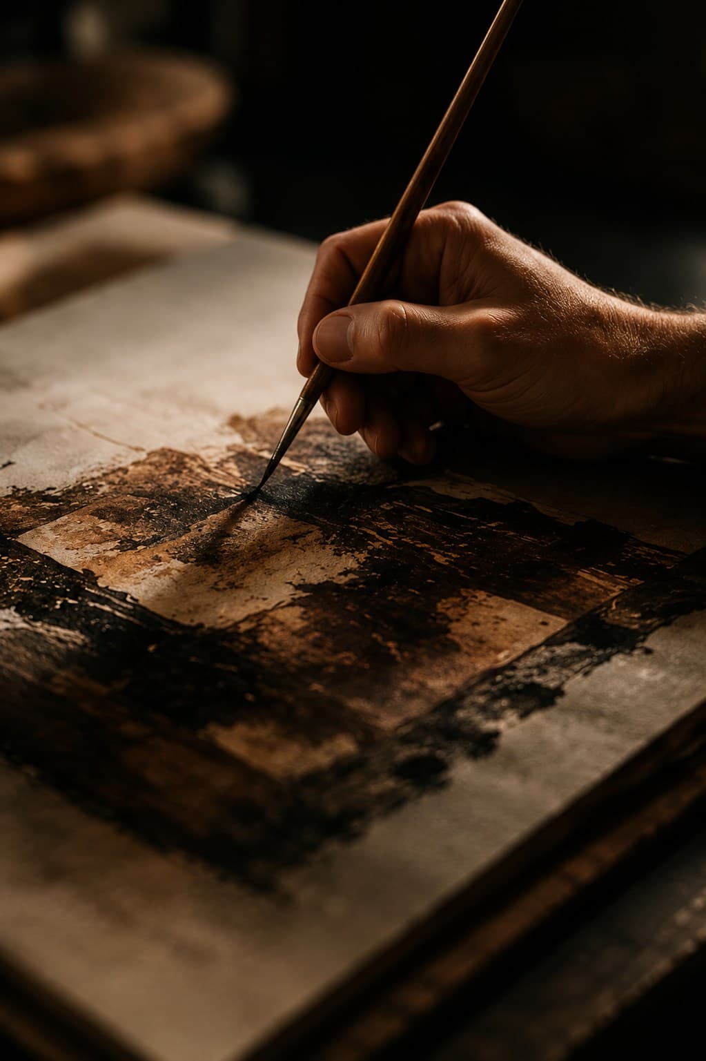 An artisan working with a brush at a studio table