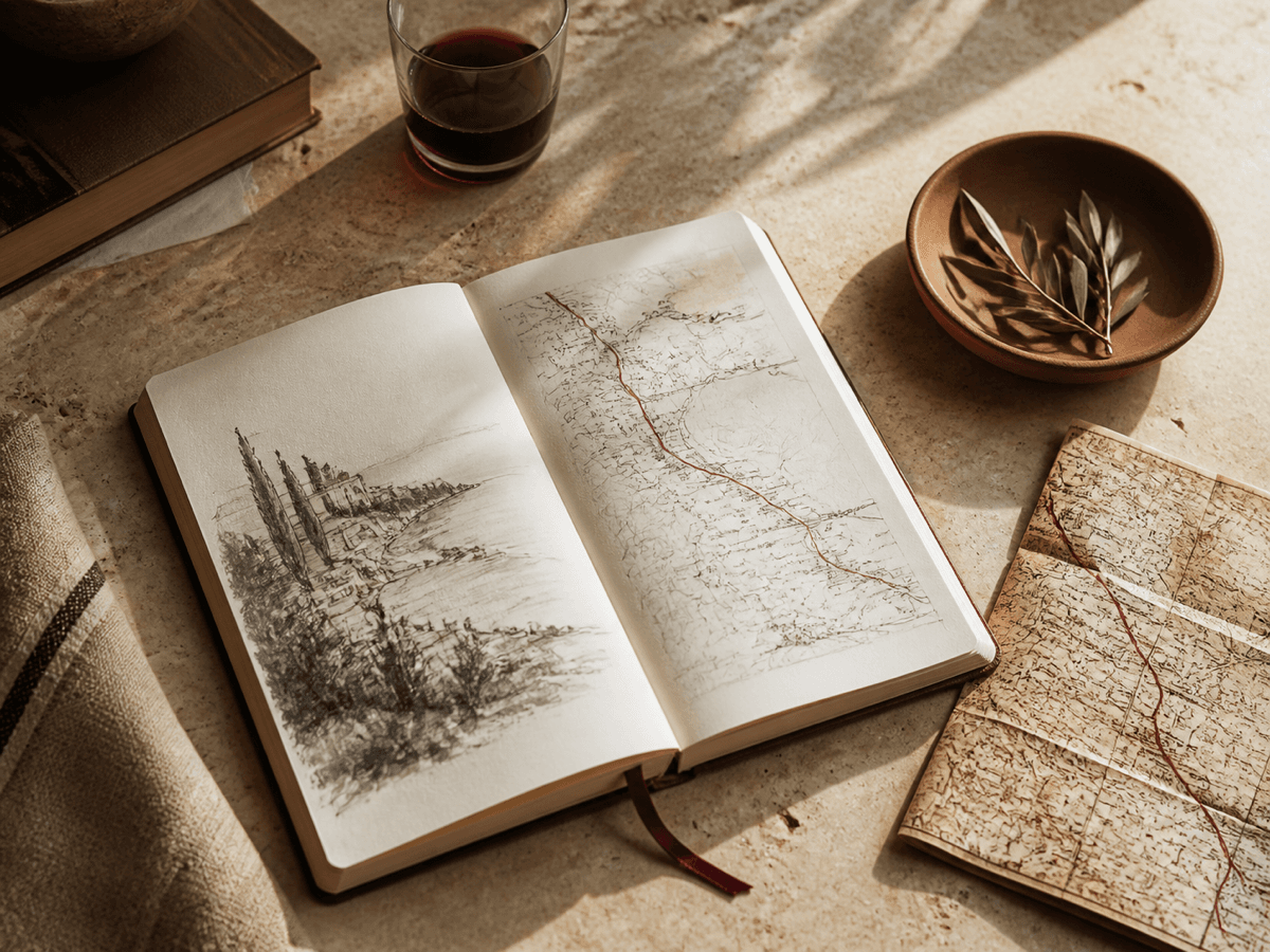An open editorial notebook with a sketched place and a mapped route