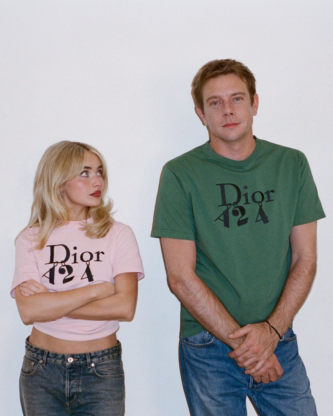 Sabrina Carpenter and Jonathan Anderson wearing Dior x A24 T-shirts for the partnership campaign.