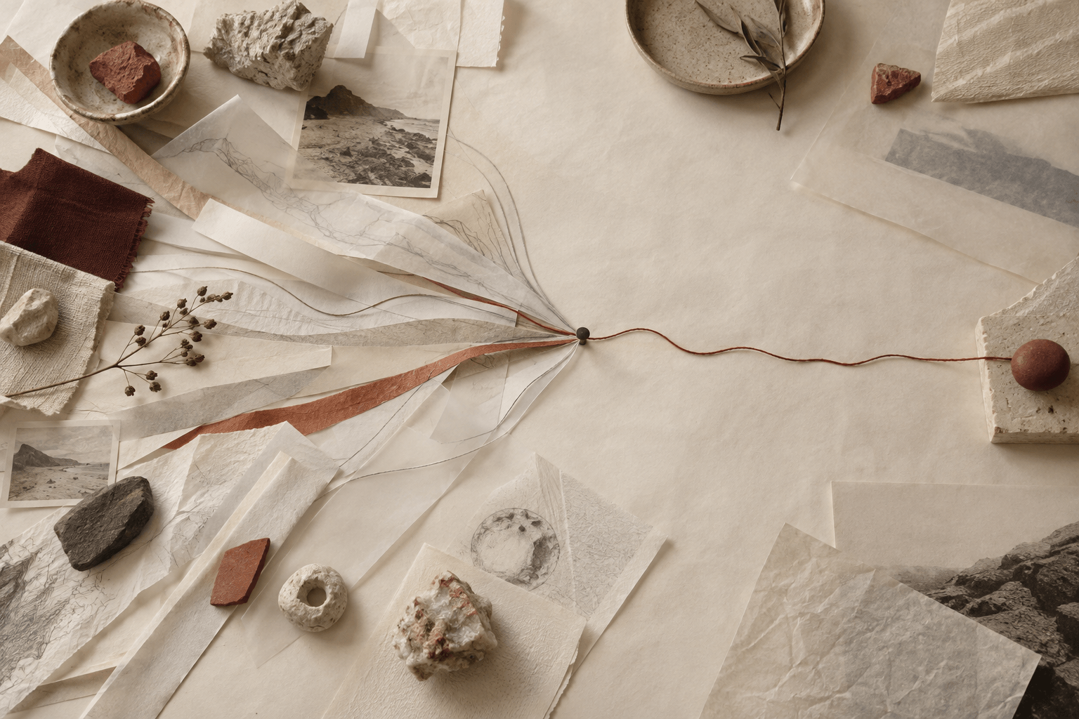 Paper paths, mineral samples and a terracotta thread gather from many possibilities into one direction.