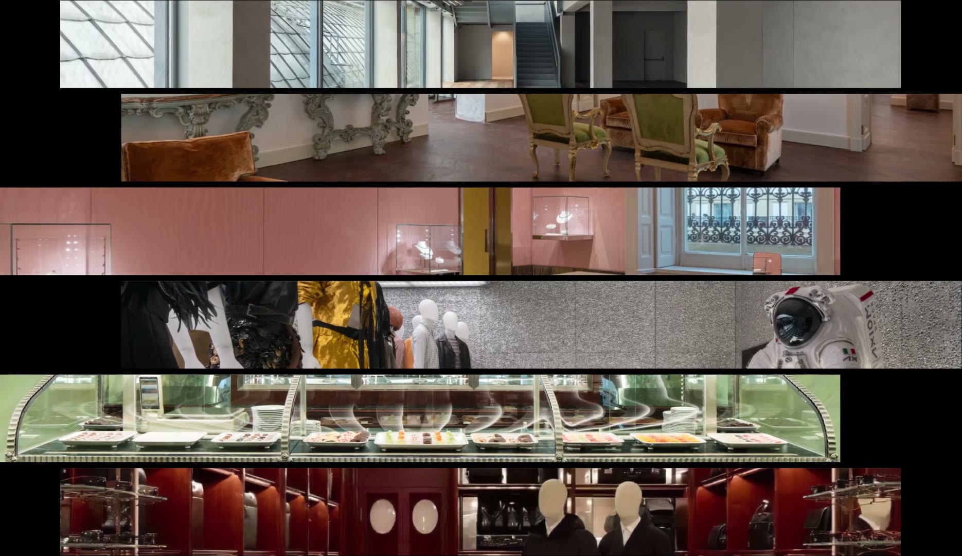 A layered view of Prada Galleria interiors, including private rooms, exhibition displays, Marchesi 1824 and the boutiques.