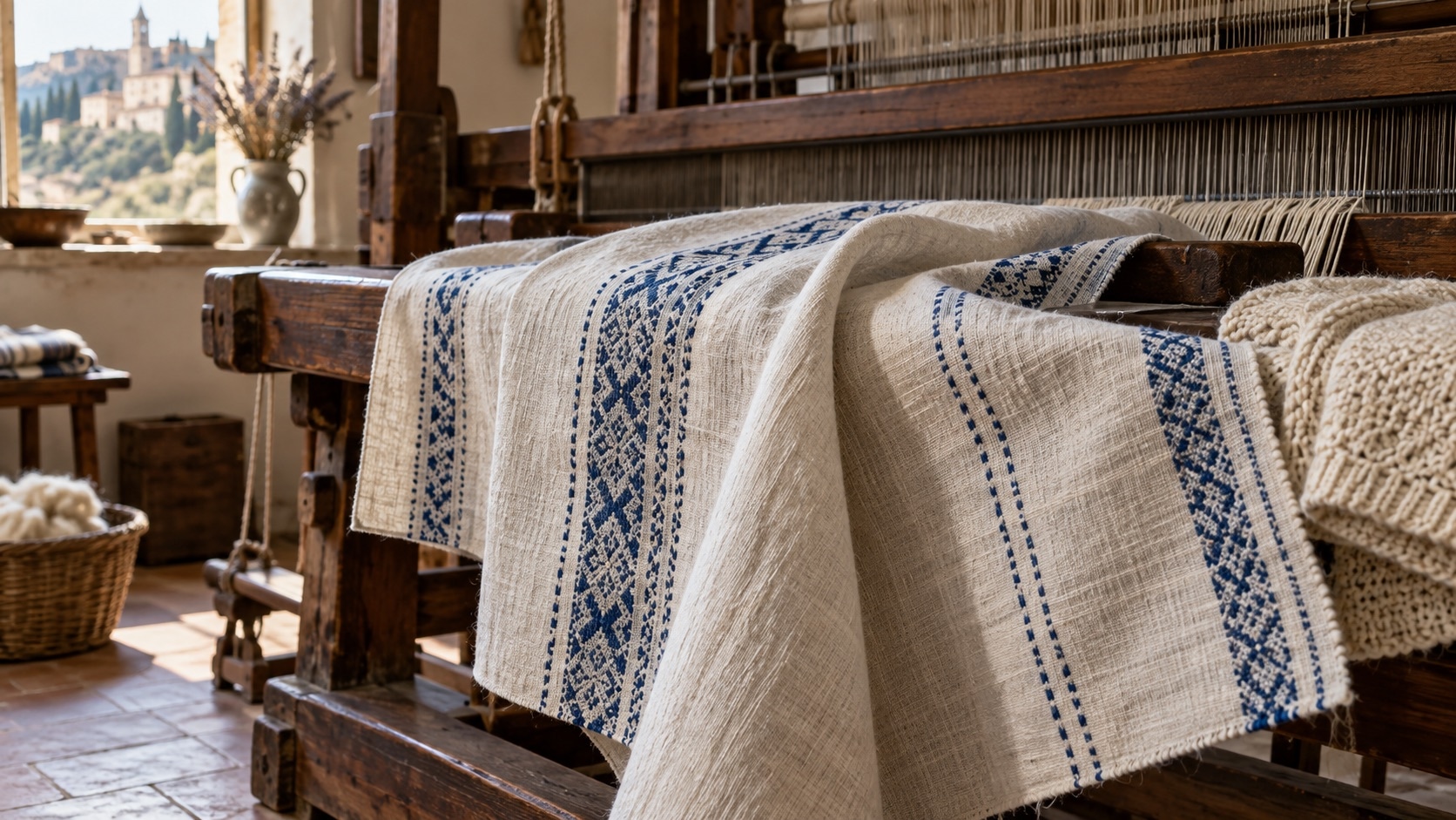 Blue-patterned linen draped across a wooden loom beside a cream knit. Conceptual editorial image.